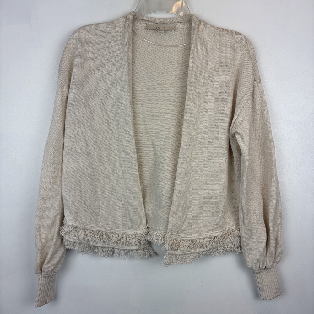 Ann Taylor Loft Cardigan Womens Small Ivory Open Front Sweater Fringe